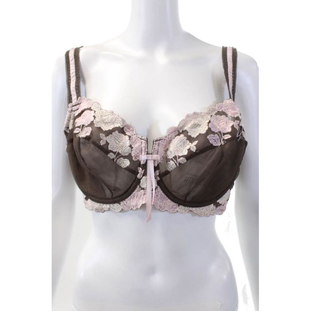 Fayreform Womens Floral Lace Bow Accent Full Coverage Bra Brown Size 40C